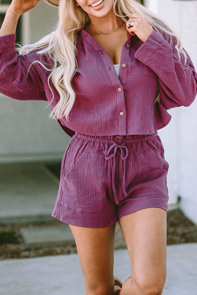 Textured Dolman Sleeve Cropped Shirt and Shorts Set-Loungewear-MomFashion