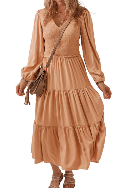 Pale Chestnut Smocked V Neck Long Sleeve Ruffle Dress-Dresses-MomFashion