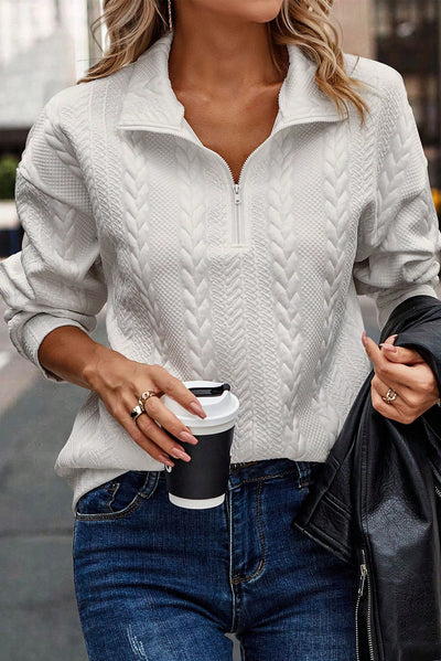 White Zip up Cable Textured Sweatshirt-Tops-MomFashion