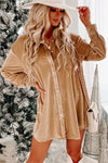 Light French Beige Velvet Button Front Shirt Mini Dress-Dresses-MomFashion