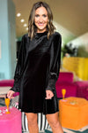 Black Velvet Frill Neck Long Sleeve Shift Dress-Dresses-MomFashion