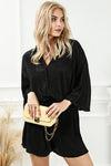 Black 3/4 Sleeves Pleated Shirt and High Waist Shorts Lounge Set-Loungewear-MomFashion