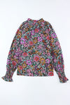 Multicolor Floral Print Ruffled Long Sleeve V-Neck Blouse-Tops-MomFashion