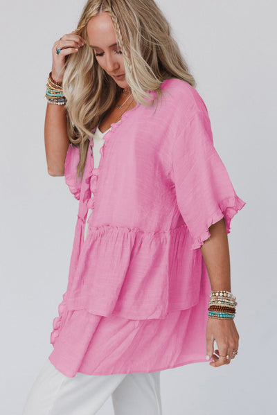 Pink Ruffled Trim Half Sleeve Open Front Kimono-Outerwear-MomFashion