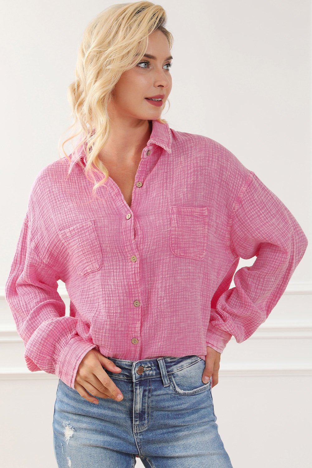 Pink Mineral Wash Crinkle Textured Chest Pockets Shirt-Tops-MomFashion