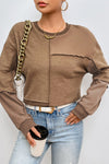 Coffee Solid Exposed Seam Pullover Sweatshirt-Tops-MomFashion