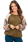 Brown Floral Patchwork Puff Sleeve Textured Blouse-Tops-MomFashion