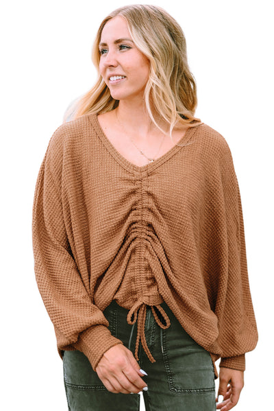 Brown V-Neck Drawstring Dolman Sleeve Waffle Knit Top-Tops-MomFashion