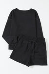 Black Textured Long Sleeve Top and Drawstring Shorts Set-Loungewear-MomFashion