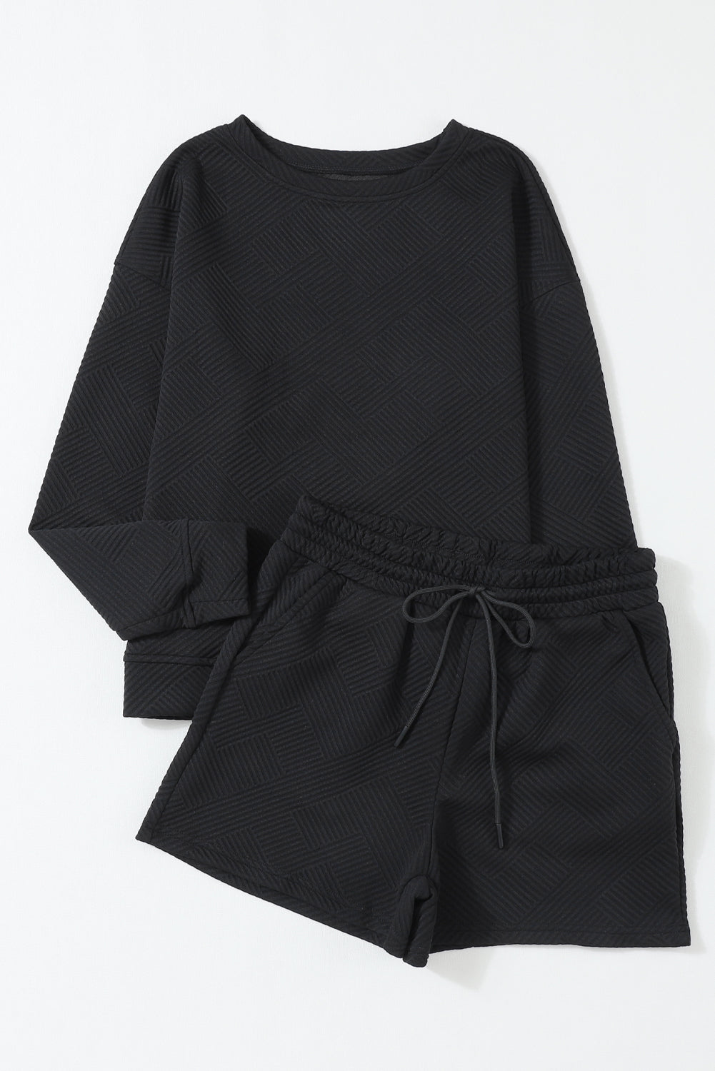 Black Textured Long Sleeve Top and Drawstring Shorts Set-Loungewear-MomFashion