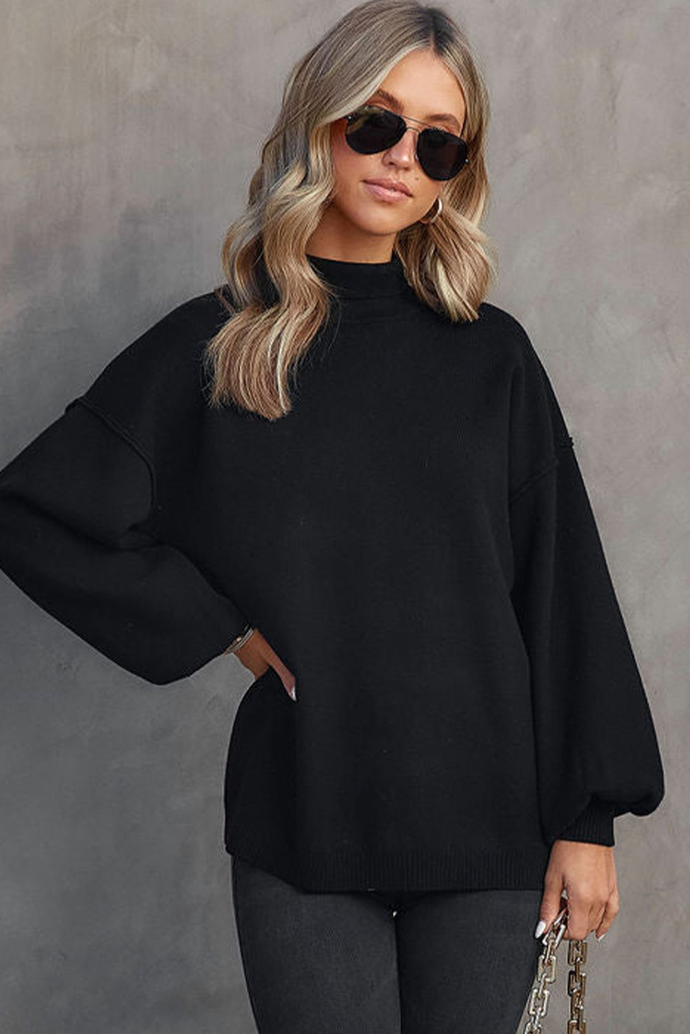 Black Turtleneck Drop Shoulder Bubble Sleeve Knit Sweater-Tops-MomFashion