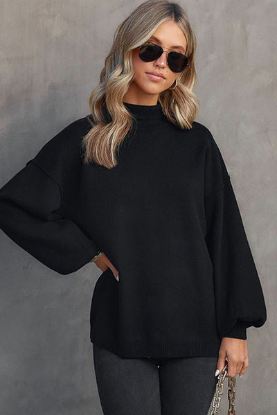 Black Turtleneck Drop Shoulder Bubble Sleeve Knit Sweater-Tops-MomFashion