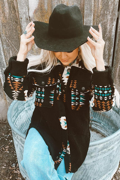 Black Western Aztec Print Accent Fleece Shacket-Outerwear-MomFashion