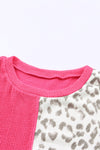 Rose Leopard Patchwork Color Block Ribbed Long Sleeve Top-Tops-MomFashion