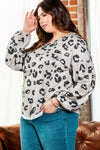 Gray Printed Leopard Balloon Sleeve Thermal Knit Plus Size Top-Plus Size-MomFashion