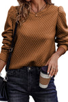 Brown Solid Color Quilted Puff Sleeve Pullover Sweatshirt-Tops-MomFashion