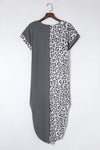 Gray Contrast Solid Leopard Short Sleeve T-shirt Dress with Slits-Dresses-MomFashion