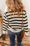 Apricot Striped Knit Drop Shoulder Collared V Neck Sweater-Tops-MomFashion