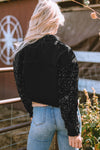 Black Sequin Sleeve Pocketed Raw Hem Denim Jacket-Outerwear-MomFashion