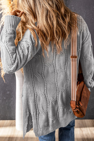 Gray Ribbed Trim Eyelet Cable Knit Cardigan-Tops-MomFashion