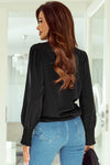 Black Solid Surplice Neck Shirred Cuffs Draped Blouse-Tops-MomFashion