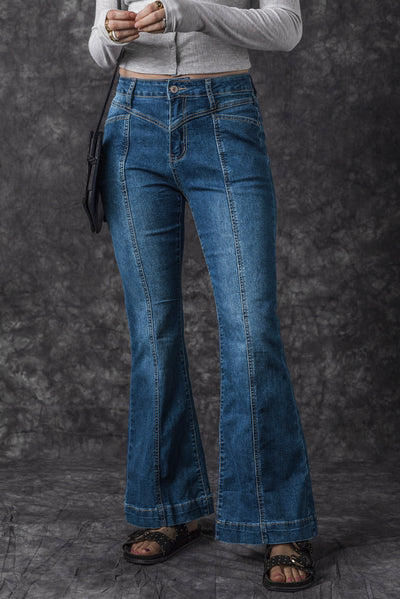 Blue High Waist Seam Stitching Pocket Flare Jeans-Bottoms-MomFashion