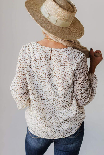 Leopard Crew Neck Long Sleeve Blouse-Tops-MomFashion