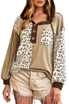 Brown Leopard Print Colorblock Chest Pocket Henley Hoodie-Tops-MomFashion