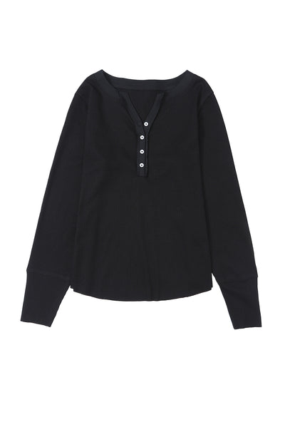 Black Trimmed Neckline Waffle Knit Henley Top-Tops-MomFashion