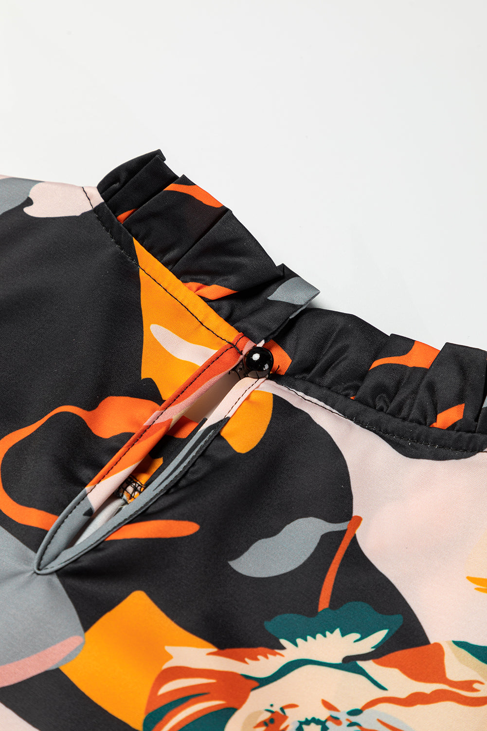 Black Floral Print Mock Neck Blouse-Tops-MomFashion