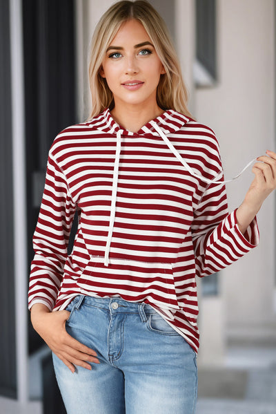 Burgundy Stripe Kangaroo Pocket Drawstring Hoodie-Tops-MomFashion