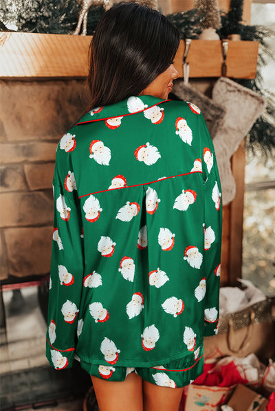 Green Christmas Santa Claus Print Satin Shirt and Shorts Set-Loungewear & Sleepwear/Sleepwear-MomFashion