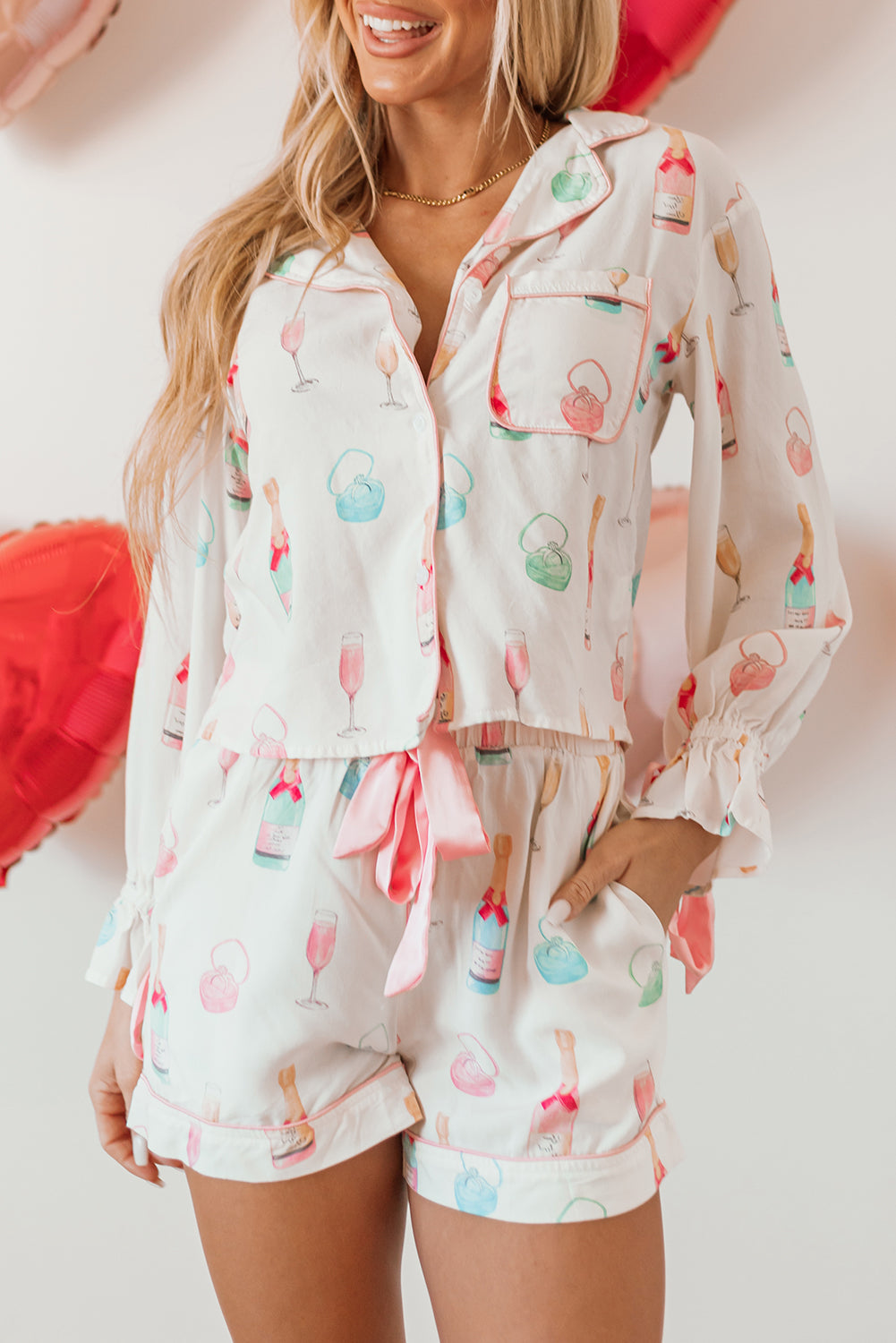 White Christmas Wine Glass Print Bow Knot Two Piece Pajama Set-Loungewear & Sleepwear/Sleepwear-MomFashion