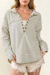 White Striped Thumbhole Drop Shoulder V Neck Top-Tops-MomFashion