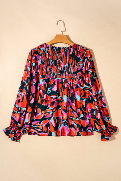 Red Dahlia Abstract Floral Shirred Detail Puff Sleeve Blouse-Tops-MomFashion