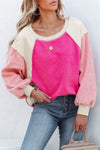 Rose Colorblock Long Sleeve Pullover Fleece Sweatshirt-Tops-MomFashion