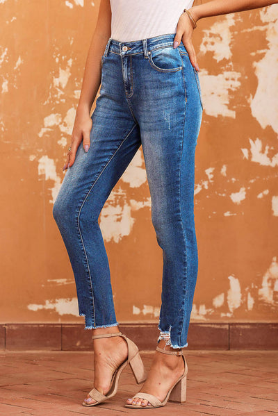 Blue Raw Hem Ankle-length Skinny Jeans-Bottoms-MomFashion