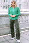 Green Trimmed Neckline Waffle Knit Henley Top-Tops-MomFashion