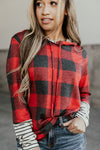 Fiery Red Christmas Plaid Striped Patchwork Drawstring Hoodie-Tops-MomFashion