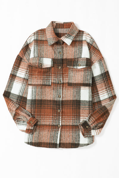 Brown Plaid Flap Pockets Shacket-Outerwear-MomFashion