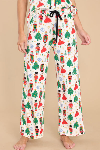 White Printed Christmas Pattern Buttoned Two Piece Sleepwear-Loungewear-MomFashion