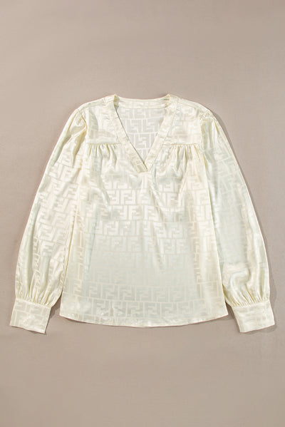 Oatmeal Geometric Jacquard V Neck Bishop Sleeve Blouse-Tops/Blouses & Shirts-MomFashion