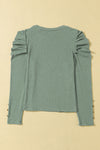 Green Buttoned Puff Long Sleeve Sheath Top-Tops-MomFashion