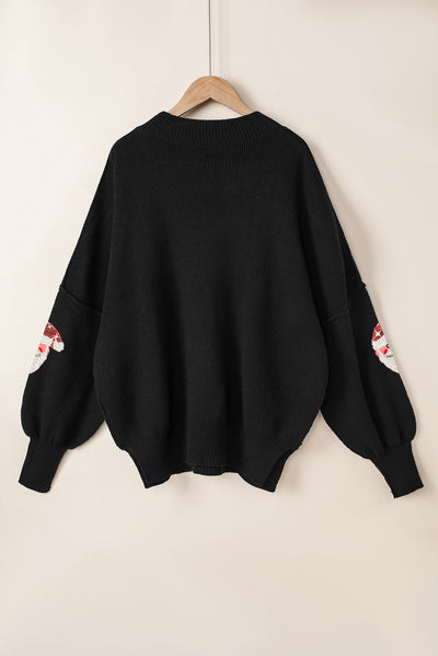 Black Sequined Santa Clause Bishop Sleeve Sweater-Tops-MomFashion