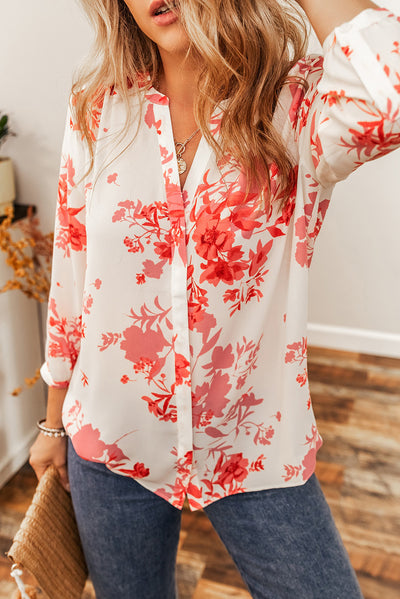 Printed Plant Print Pleated Back V Neck Shift Casual Shirt-Tops-MomFashion