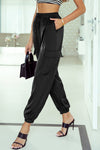 Black Satin Pocketed Drawstring Elastic Waist Pants-Bottoms-MomFashion