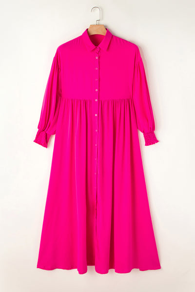 Rose Bubble Sleeve Shirt Maxi Dress-Dresses-MomFashion