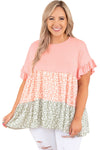 Pink Ruffled Short Sleeve Leopard Splicing Flowy Plus Size Top-Plus Size-MomFashion