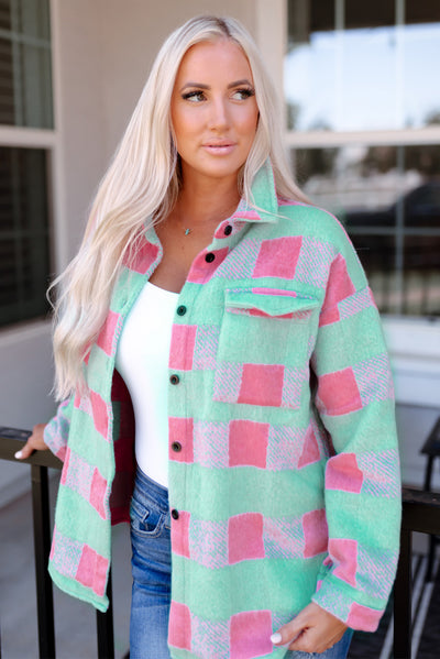 Pink Plaid Pattern Oversized Shacket-Outerwear-MomFashion