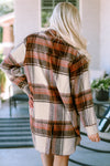 Brown Plaid Print Flap Pockets Long Shacket-Outerwear-MomFashion